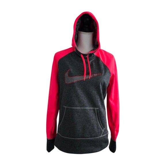 Nike Therma Fit Hoodie Womens Size Medium Gray Pink Thumb Holes - Picture 1 of 13